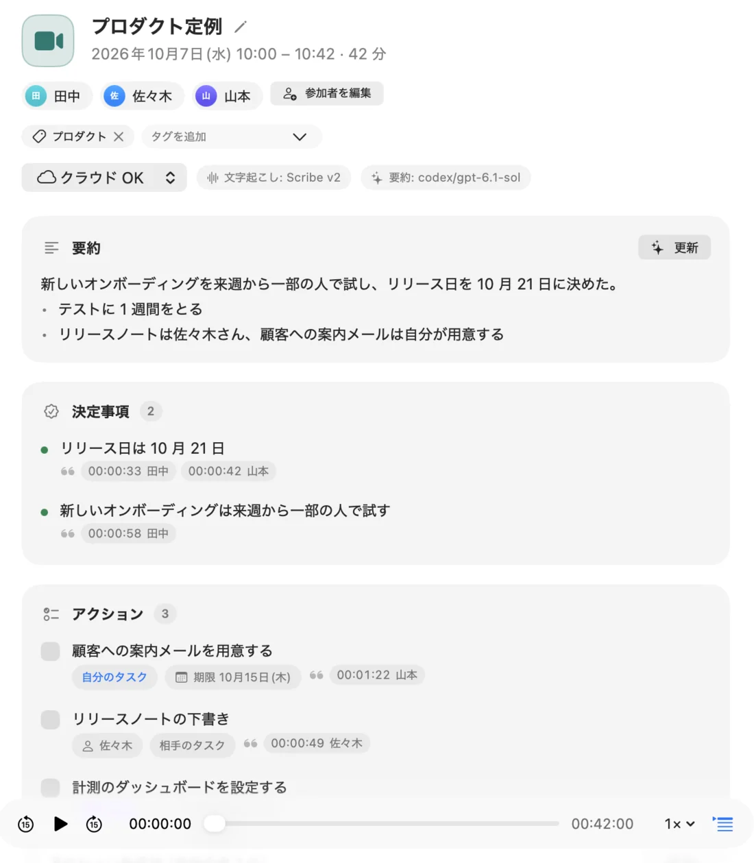 会議の詳細。要約、根拠の時刻と話者が付いた決定事項、担当と期限が付いたアクション。